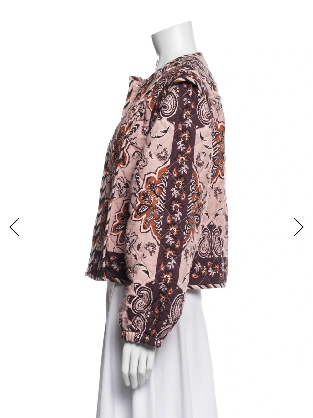 FARM Rio Pink Floral Quilted Bomber Jacket with Brown Accents